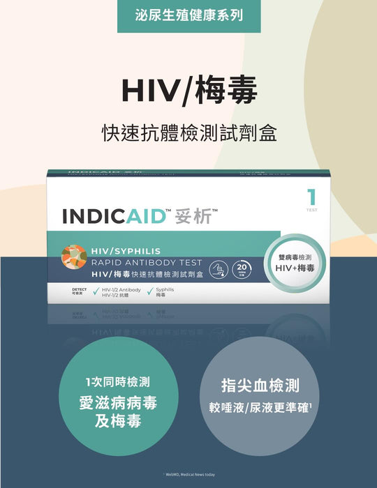INDICAID™妥析™ HIV/梅毒快速抗體檢測試劑盒 (一次同時測2種病毒/病原體) 準確度高達99.9%