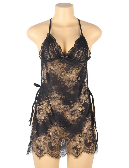 Swanly - 性感吊帶蕾絲情趣睡裙 黑色透膚內衣（SW-501）