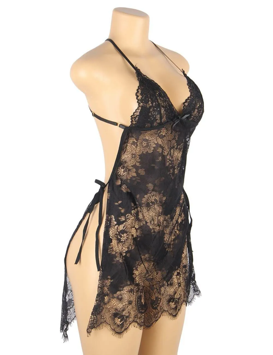 Swanly - 性感吊帶蕾絲情趣睡裙 黑色透膚內衣（SW-501）