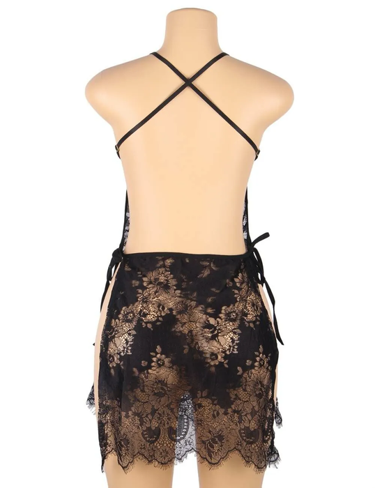 Swanly - 性感吊帶蕾絲情趣睡裙 黑色透膚內衣（SW-501）