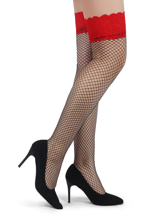 Swanly - 蕾絲粗網中長絲襪 紅邊黑絲性感情趣腿襪（SW-509）