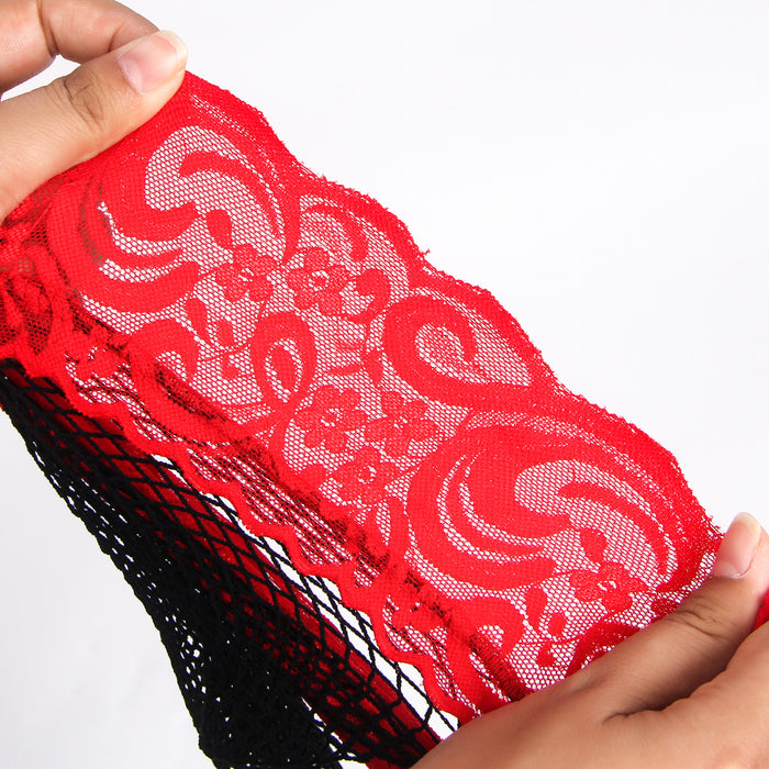 Swanly - 蕾絲粗網中長絲襪 紅邊黑絲性感情趣腿襪（SW-509）