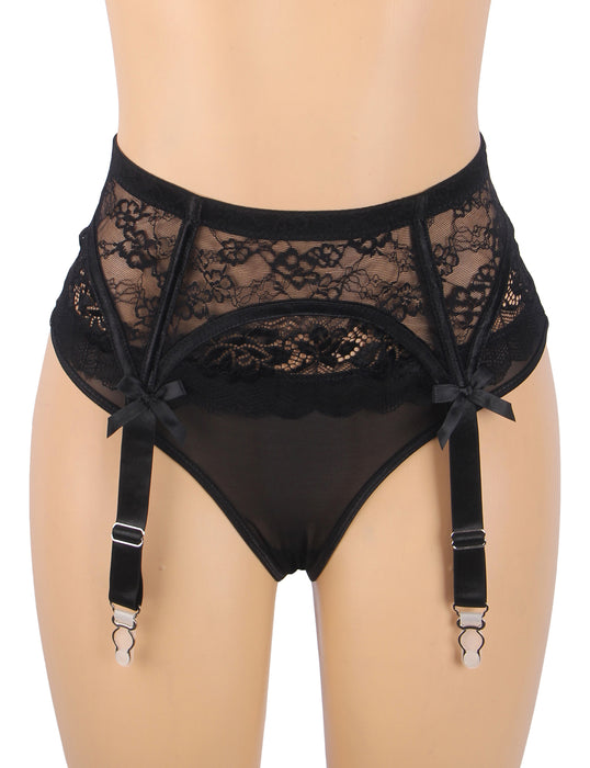 Swanly - 華麗蕾絲吊襪帶情趣內褲連絲襪 黑色性感套裝（SW-516）