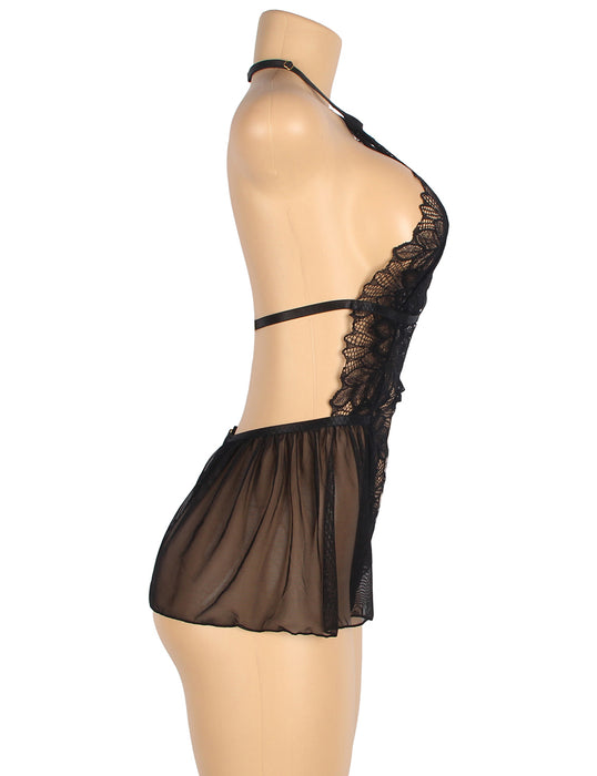 Swanly - 性感交叉Teddy情趣連身睡裙 黑色誘惑內衣（SW-504）